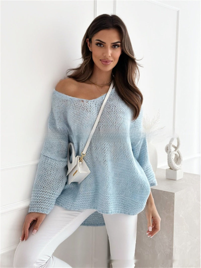 Loose And Idle Pullover Sweater V-neck Excellent Long Sleeve Top
