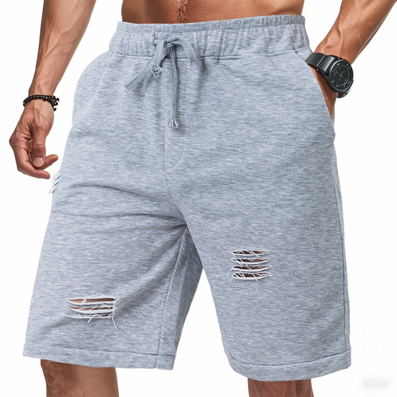 Ripped Casual Knitted Loose Fifth Solid Color Terry Sports Pants