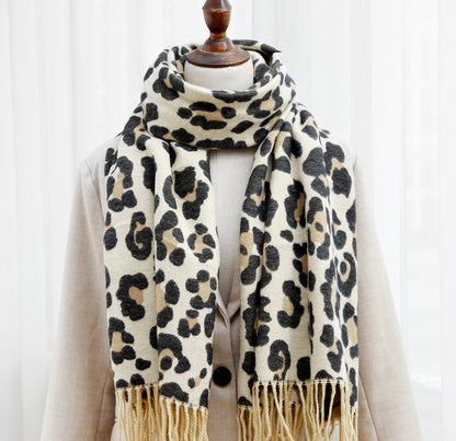 Double-sided Leopard Print Scarf With Thick Tassels  Cashmere To Keep Warm