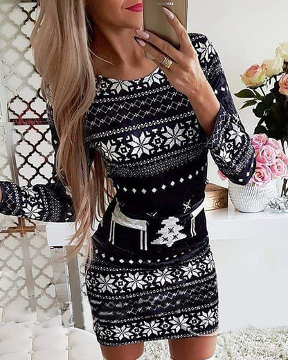 Women's New Christmas Printed Round Neck Long Sleeve Narrow Dress